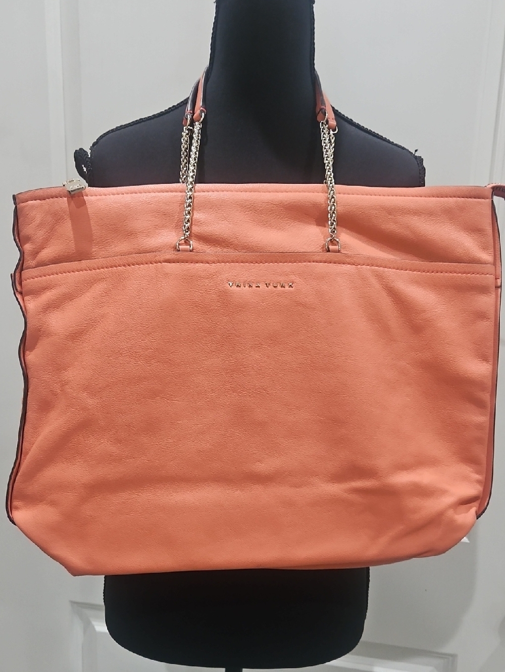 Trina Turk Coral-Orange Leather Chain Tote